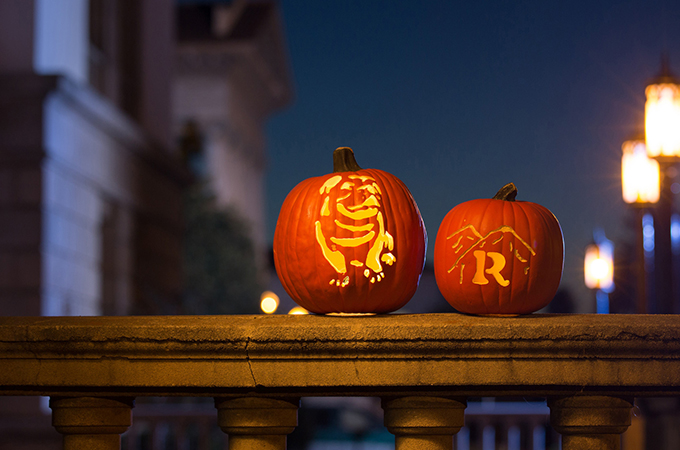 Carved "University of Redlands" themed Halloween Pumpkins