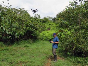 man using drone in tropical vegetation