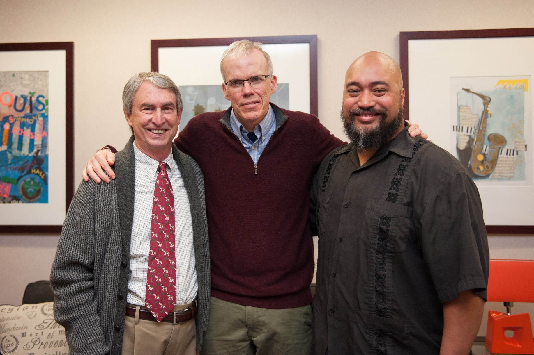 Left to right: University of Redlands Chaplain John Walsh, Bill McKibben and Chapel Events office coordinator Peter Tupou