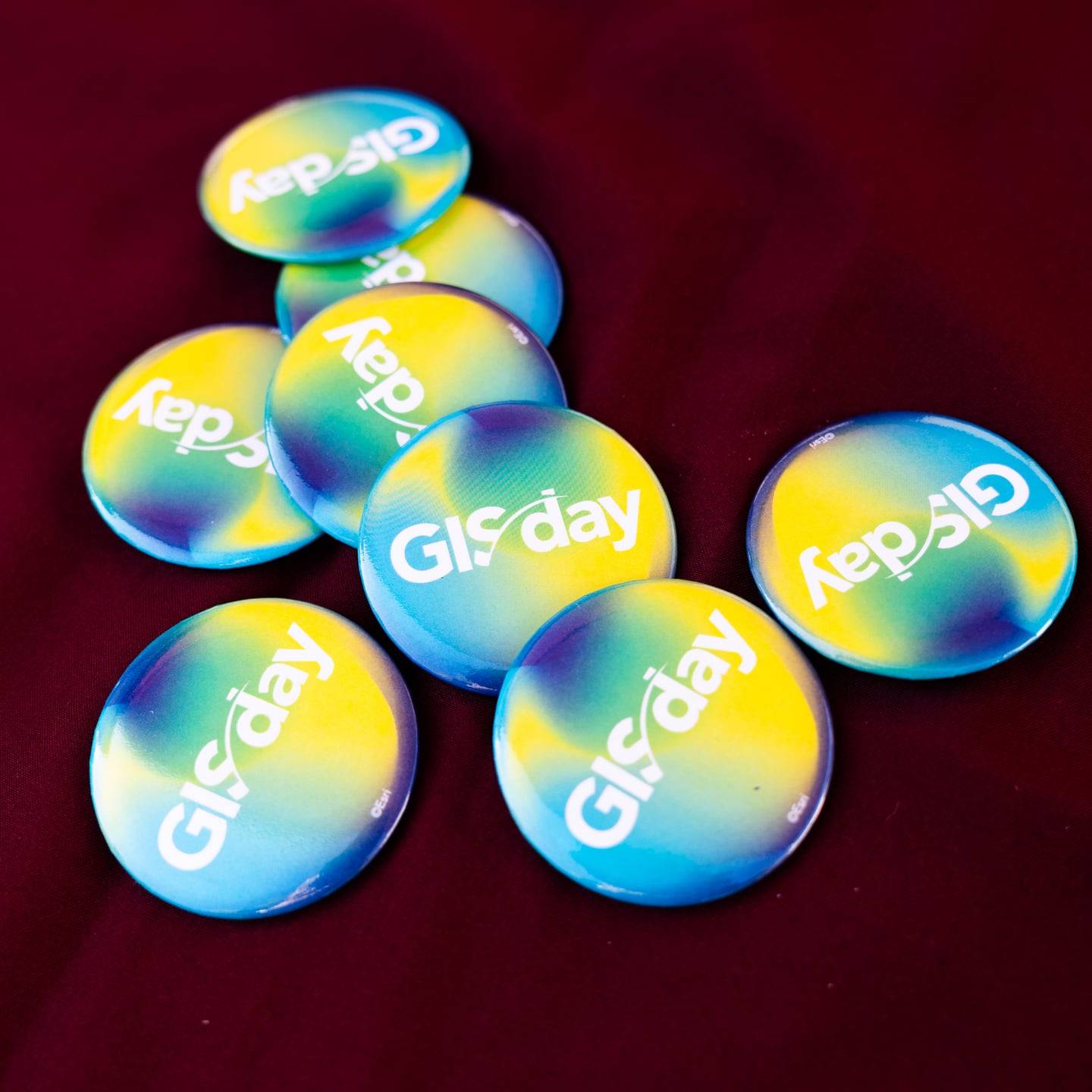 a group of blue and yellow badges