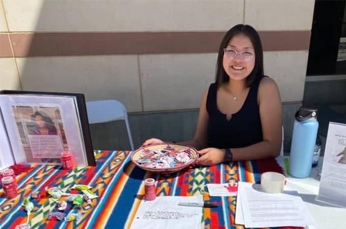 a person sitting at a table with a plate of candy