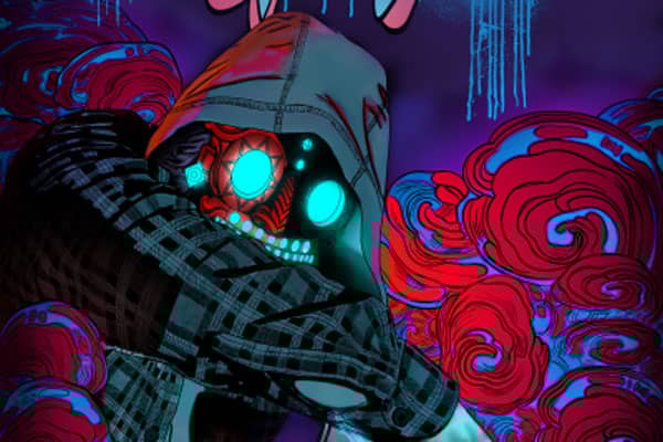 a person in a hoodie with glowing eyes