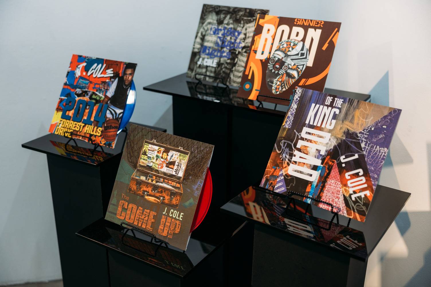 a group of records on display