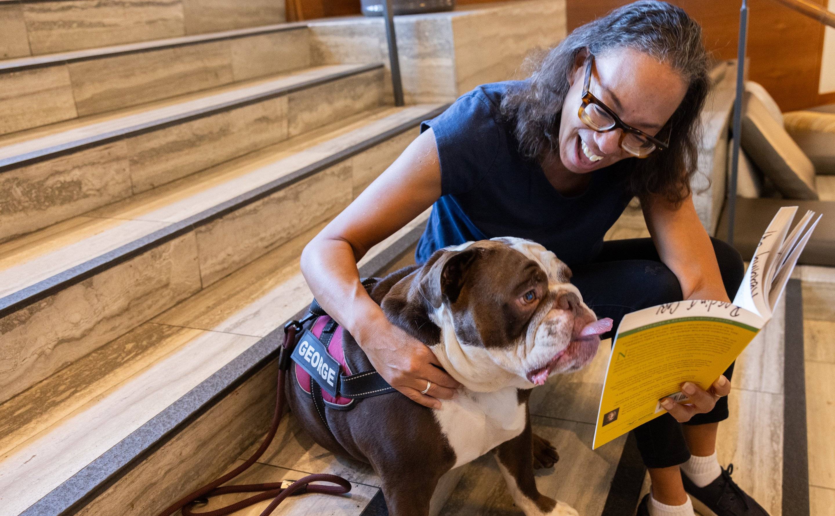 a person sitting on stairs with a dog