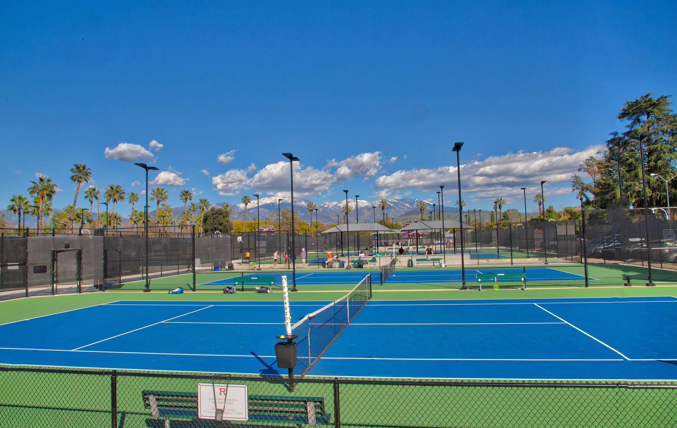 a tennis court with persony lights and trees in the background