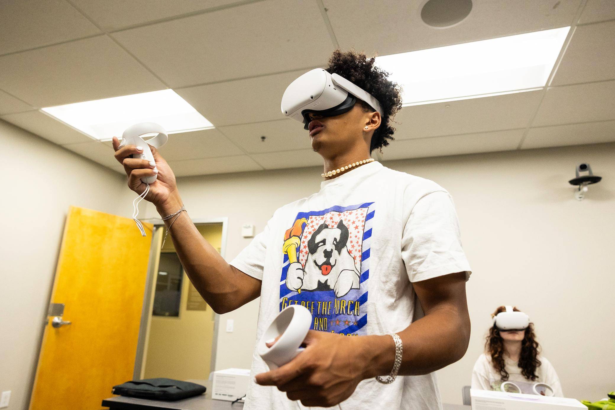 a person wearing virtual reality goggles
