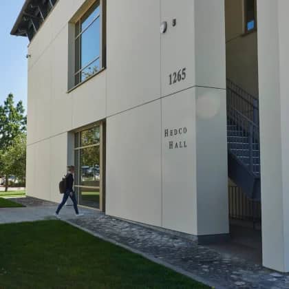 a person walking into a building