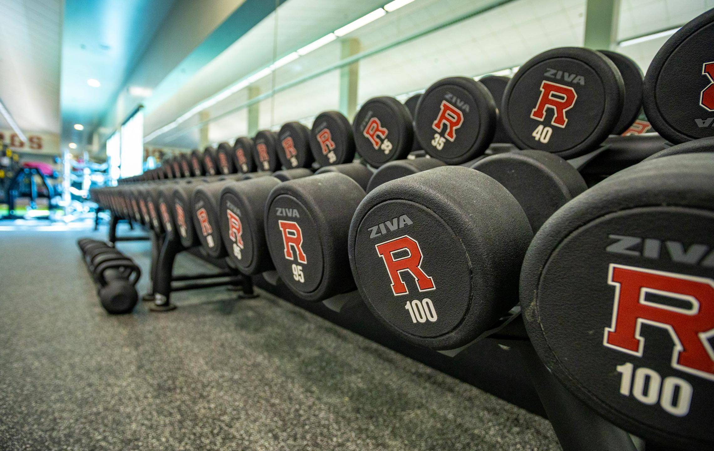 a row of weights in a gym