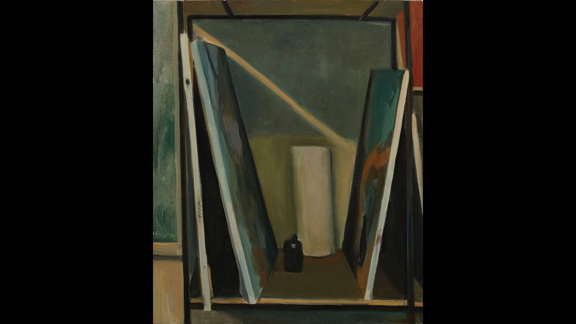 a painting of a shelf with a white object in it