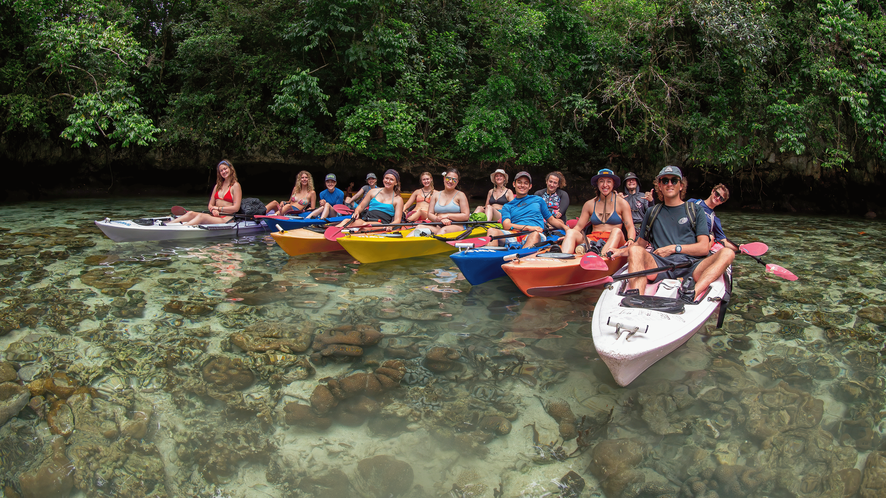 a group of people in kayaks on a river