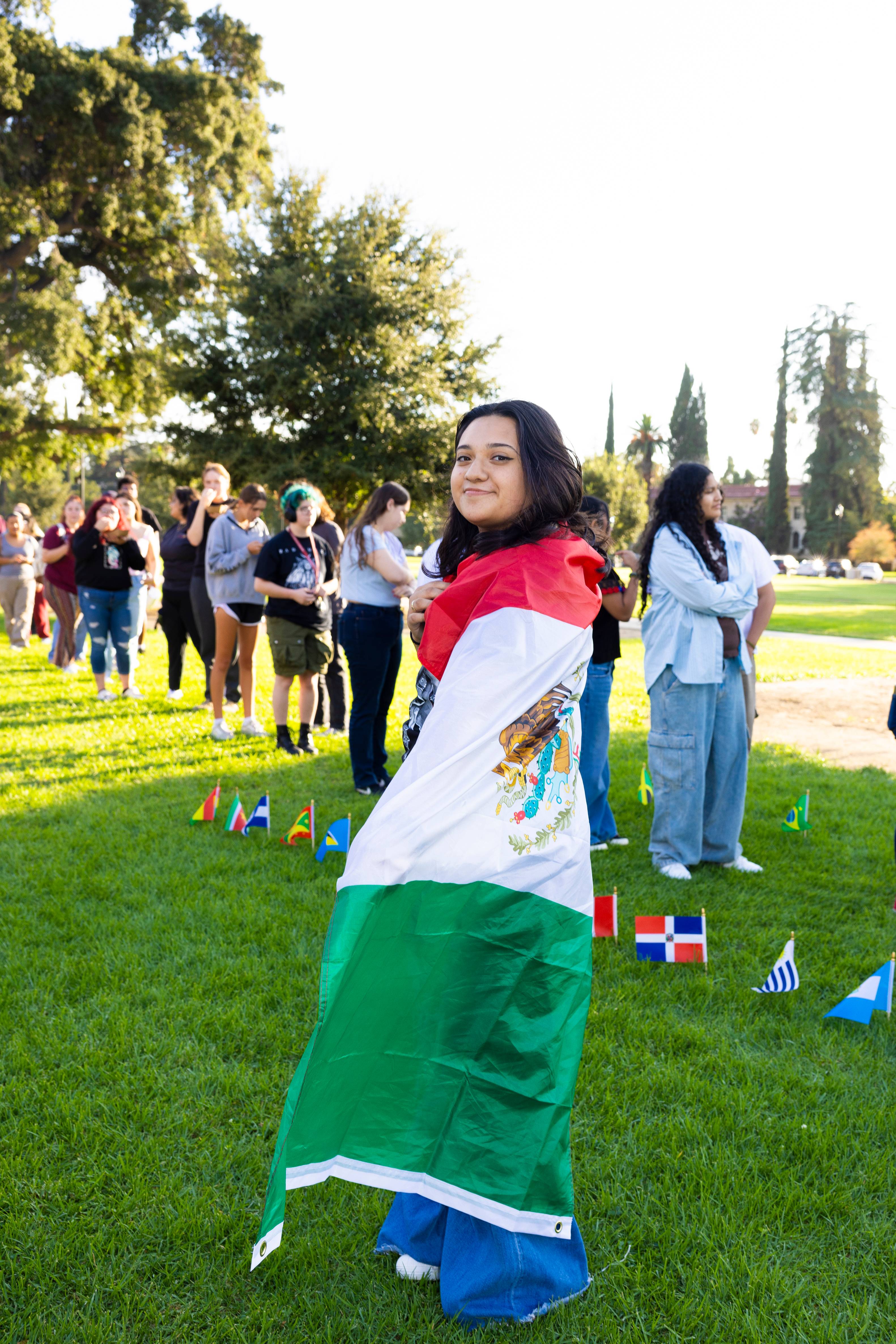 a person holding a flag in front of a crowd of people