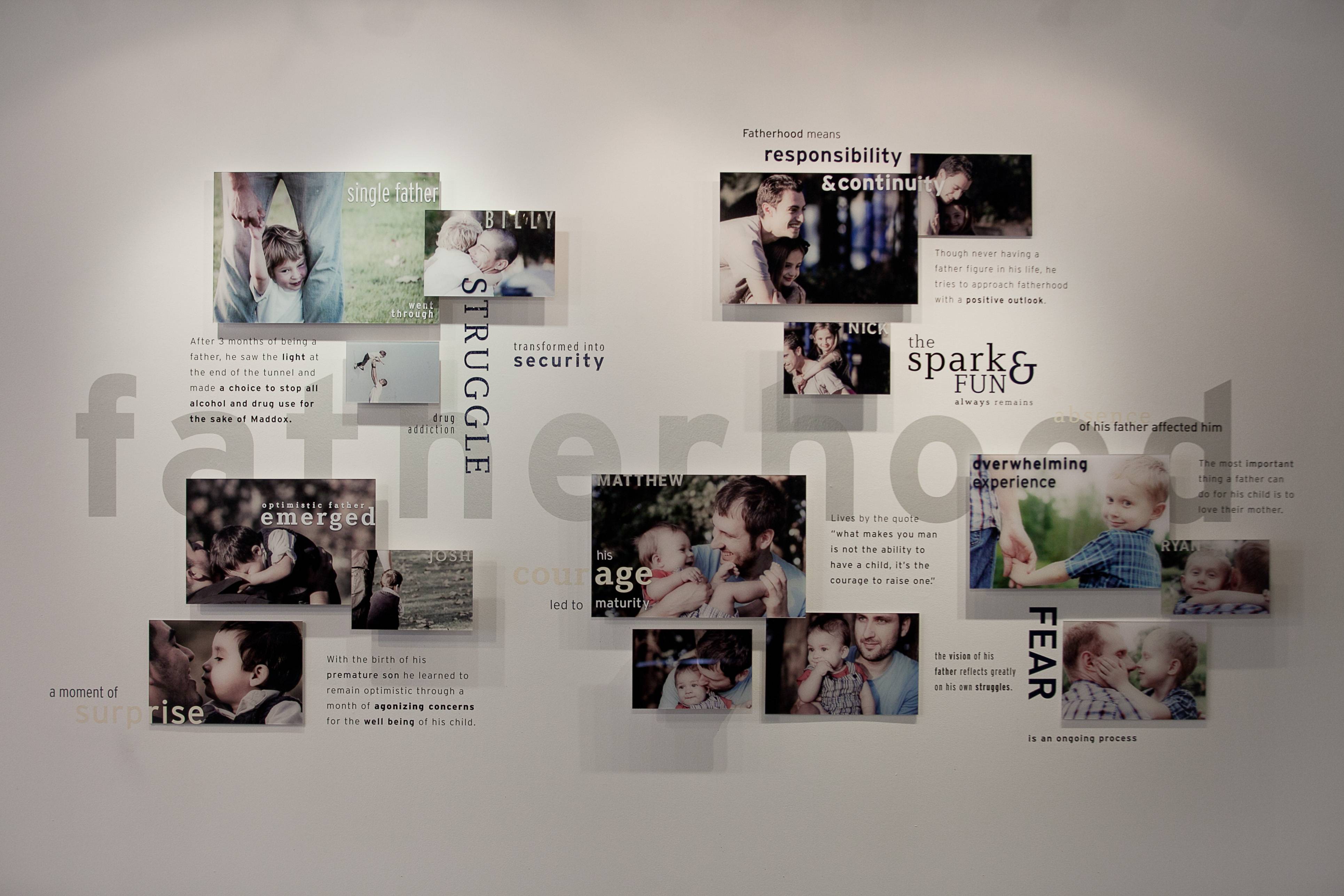 a wall with pictures of people and words