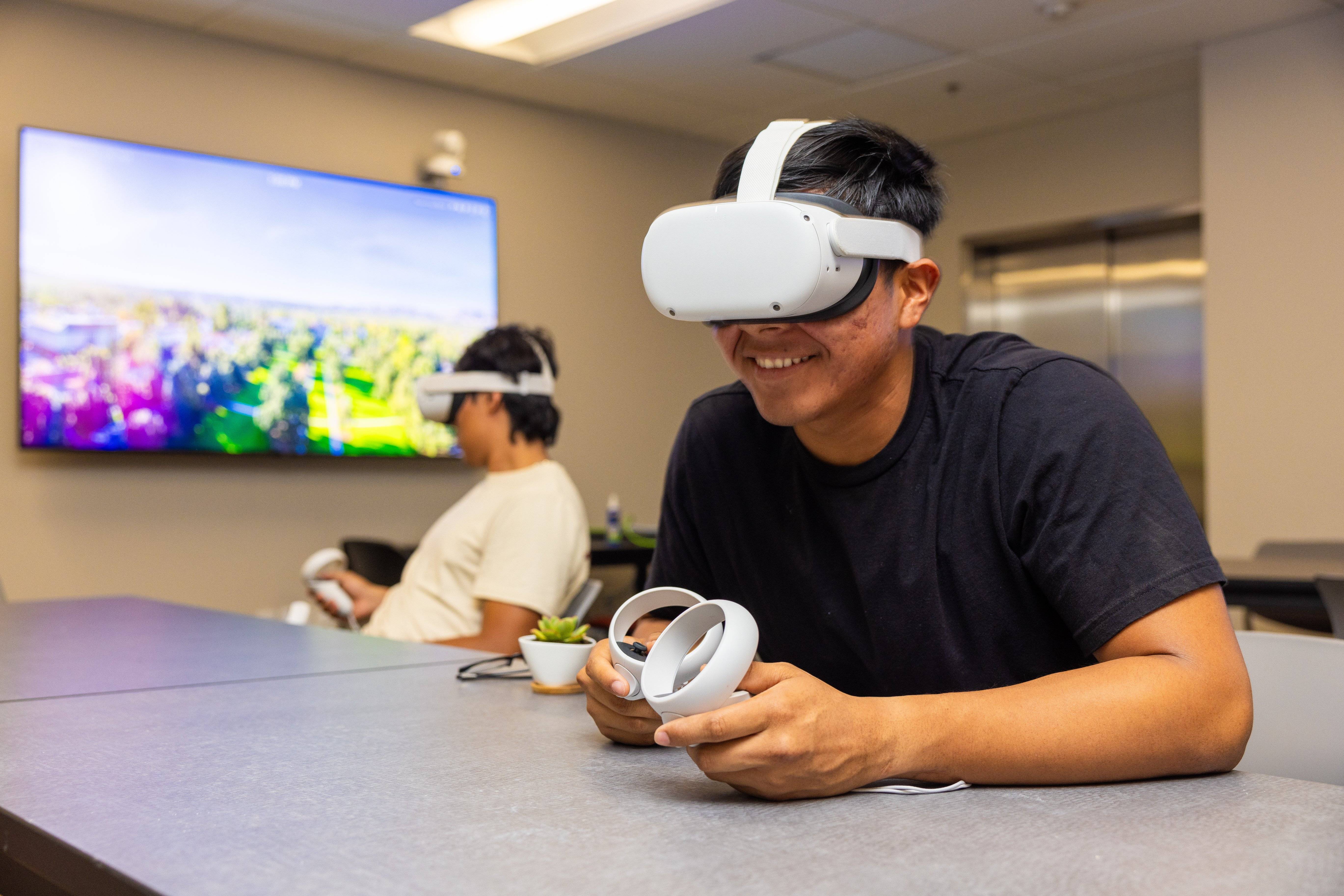 a person wearing virtual reality goggles