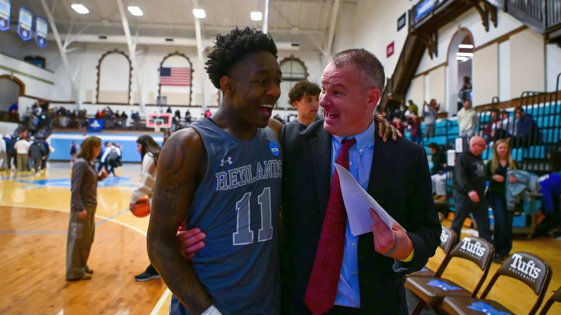 a person in a suit and a basketball player in a gym