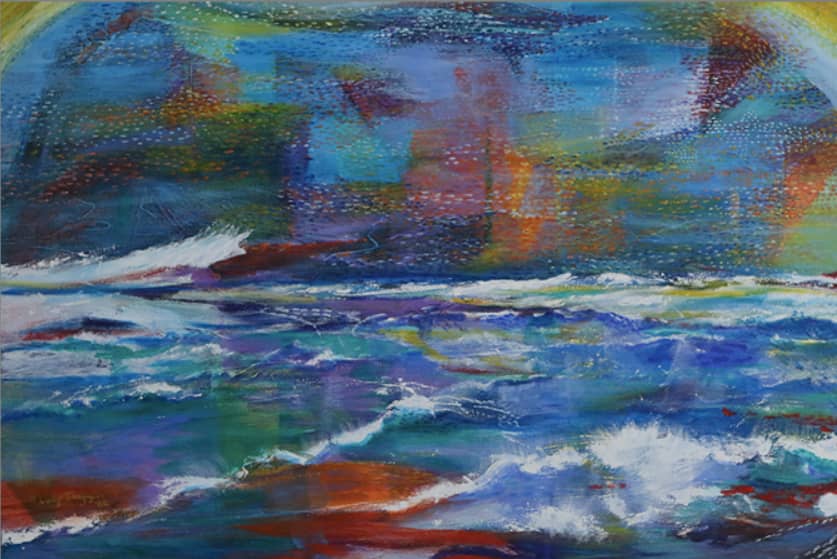 a painting of waves crashing on the beach