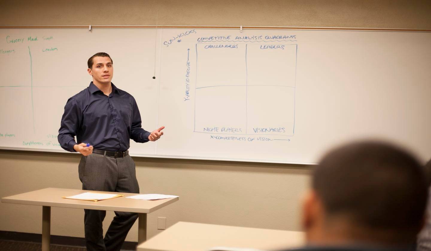 a person standing in front of a whiteboard