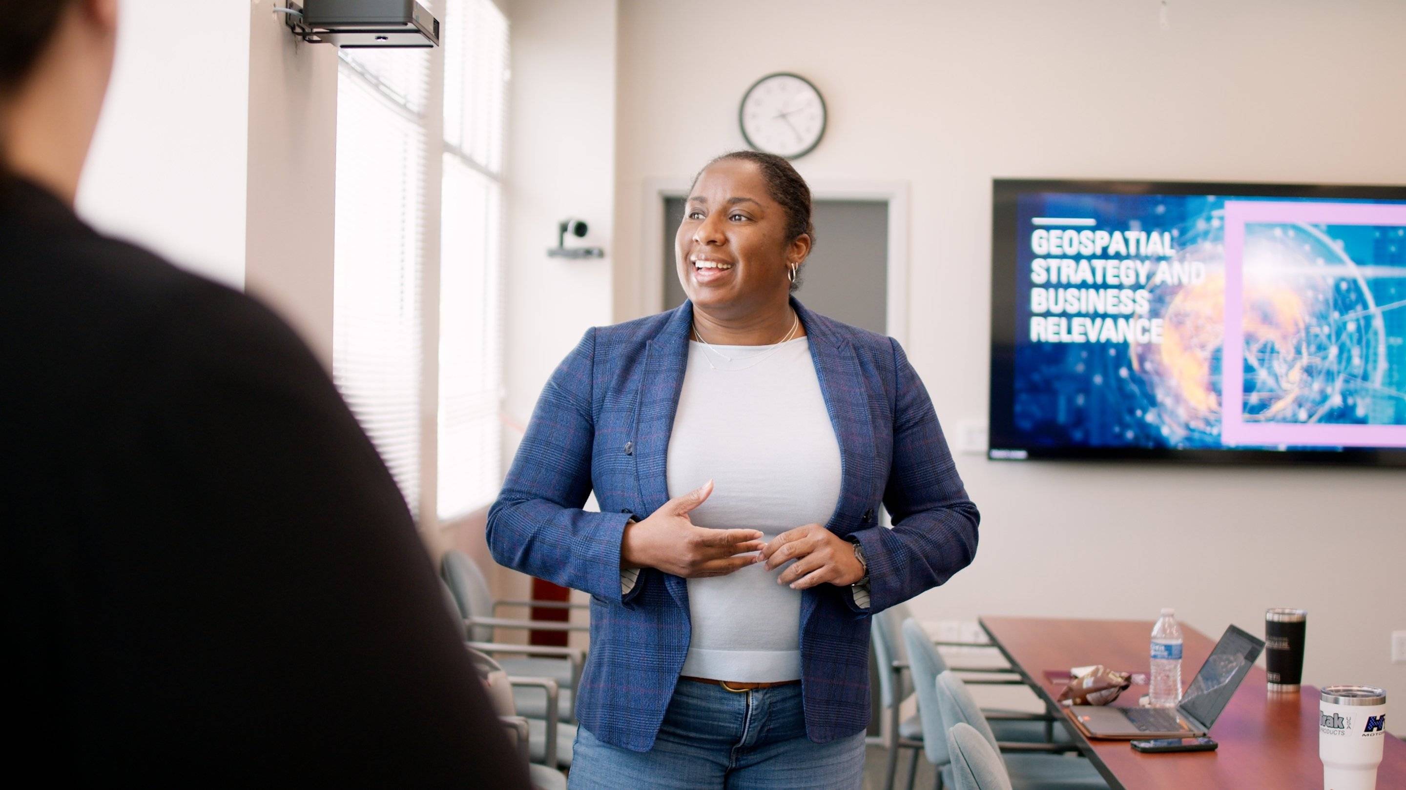a person in a blue blazer