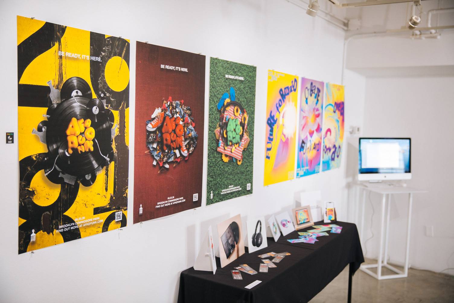 a table with posters on it