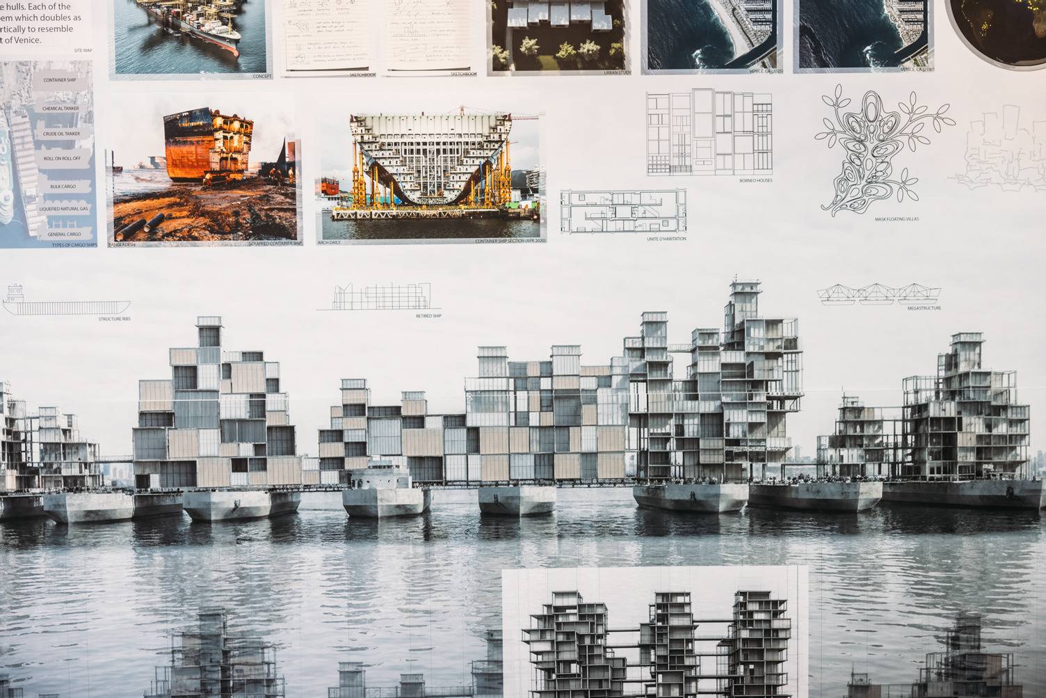 a wall with pictures of buildings and drawings