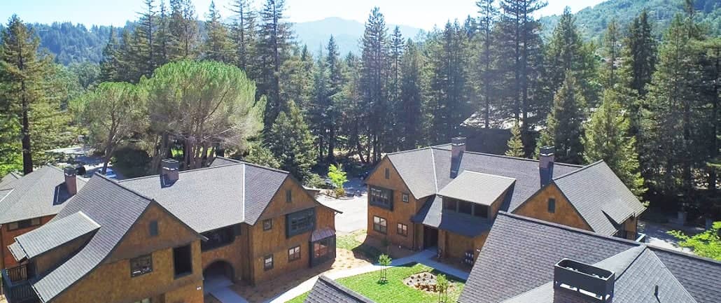 a group of houses with trees in the background