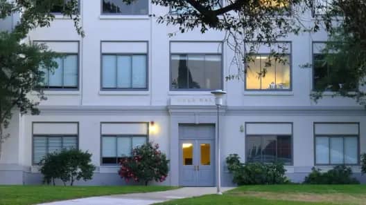 a building with a light on the front