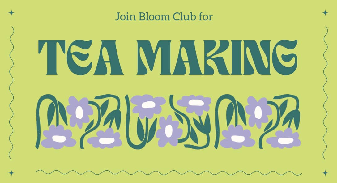 a green background with purple flowers and text