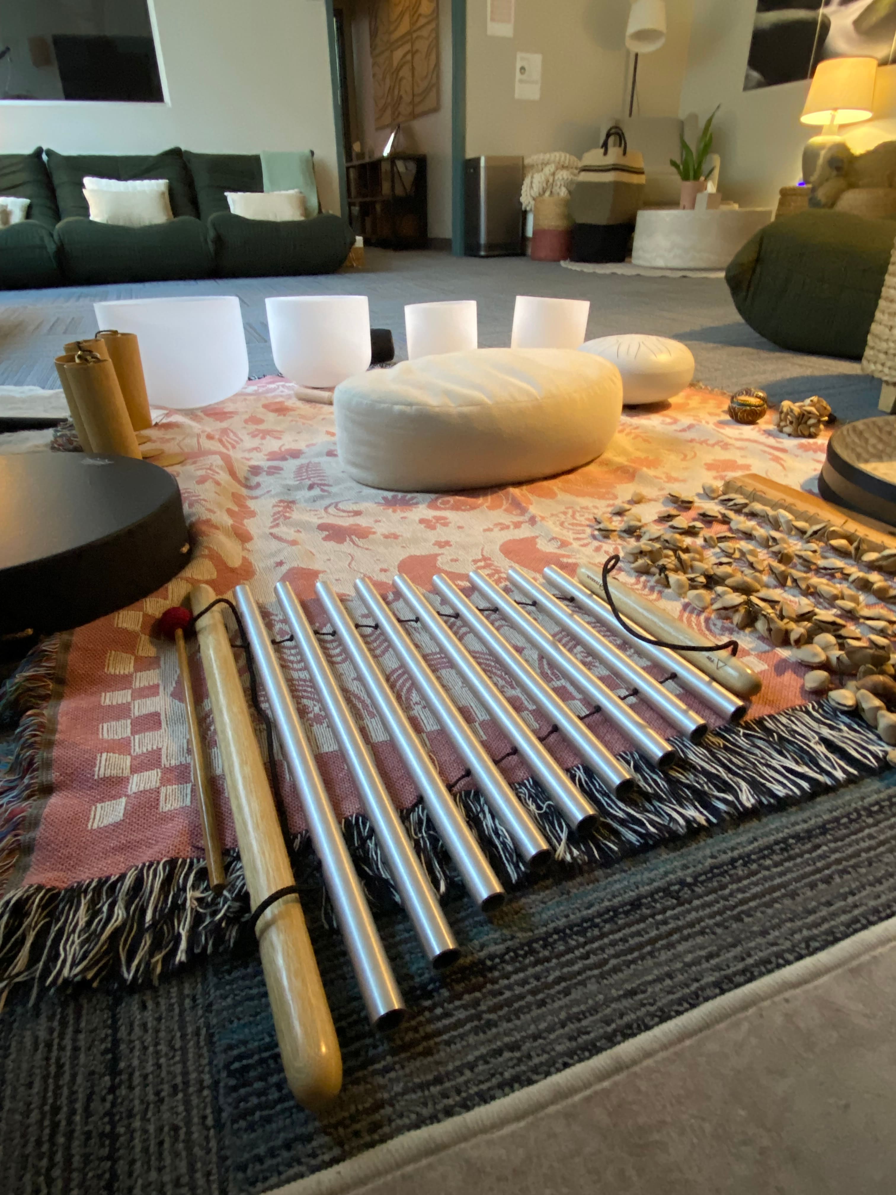 a group of objects on a rug