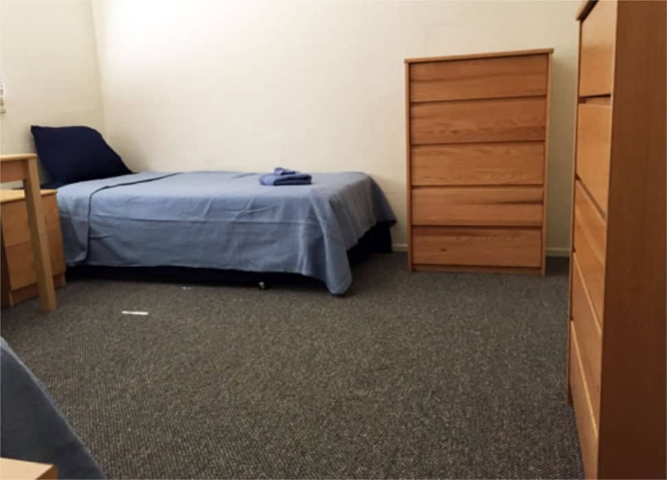 a bedroom with a bed and dresser