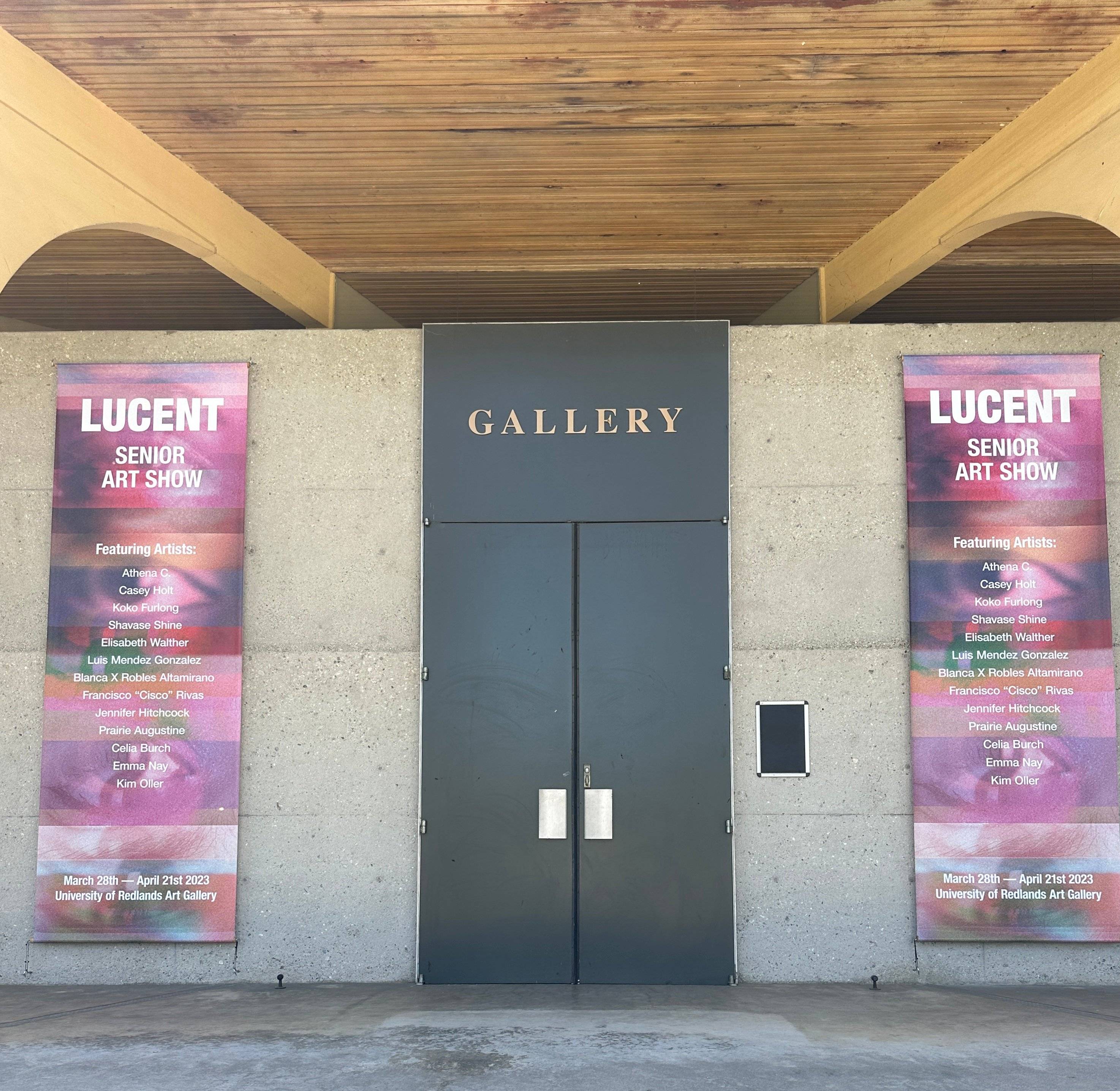 a building with a door and signs
