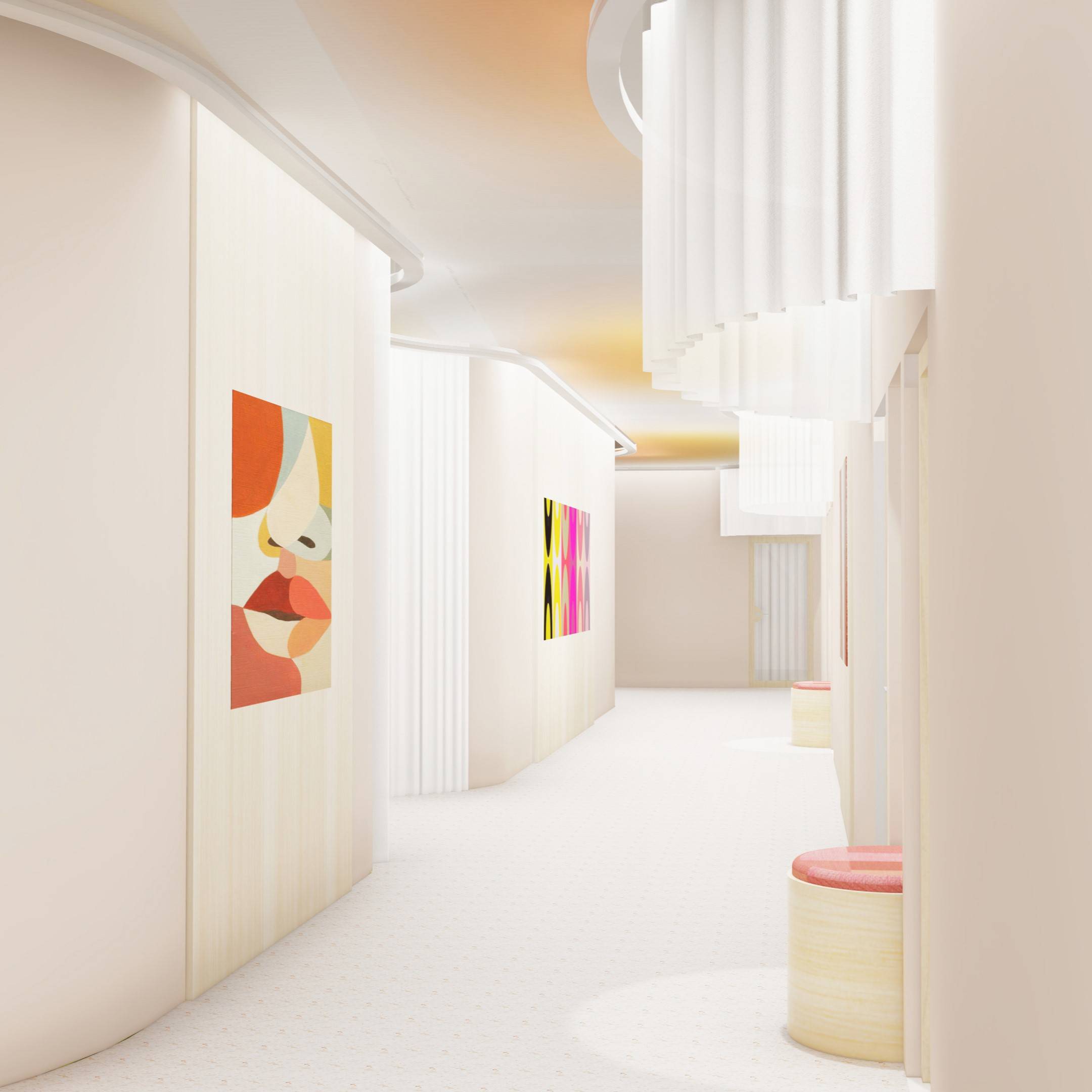 a hallway with art on the wall