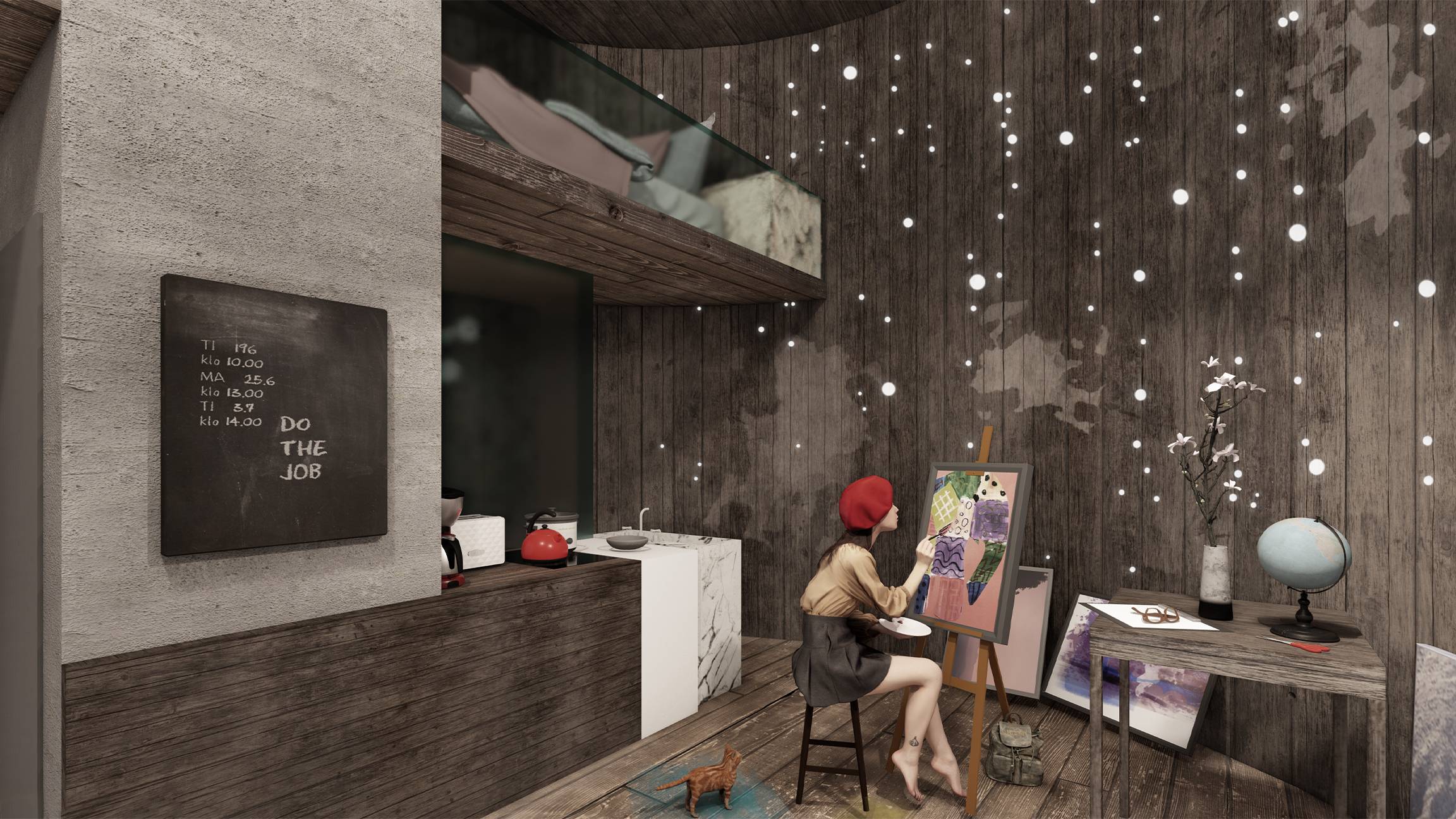 a person painting on a canvas in a room