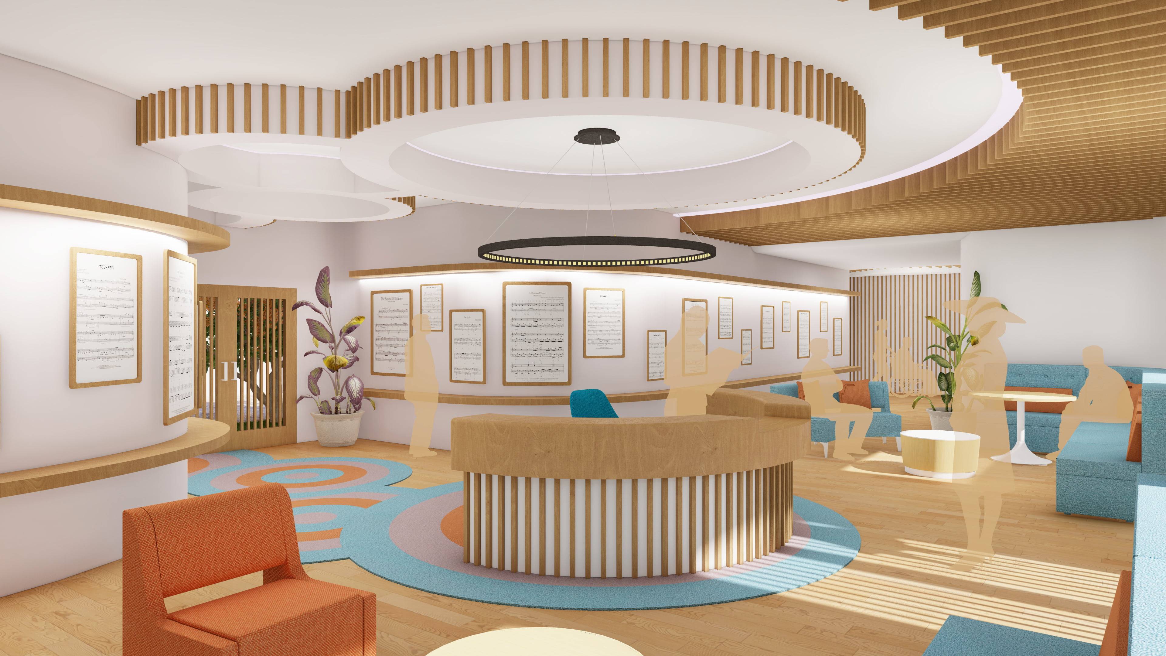 a room with a round table and chairs