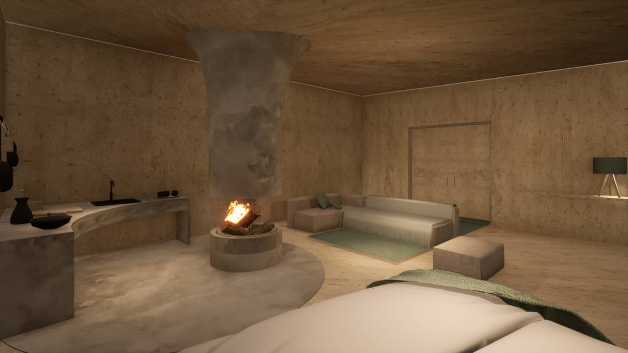 a room with a fireplace and couches