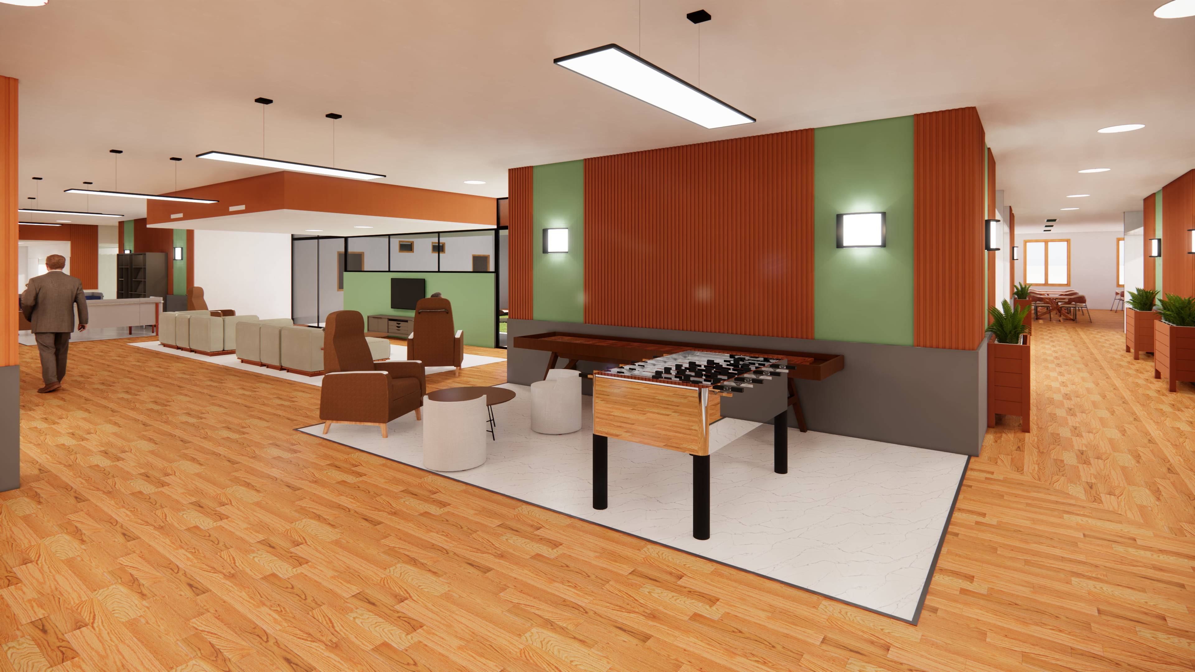 a room with a table and chairs