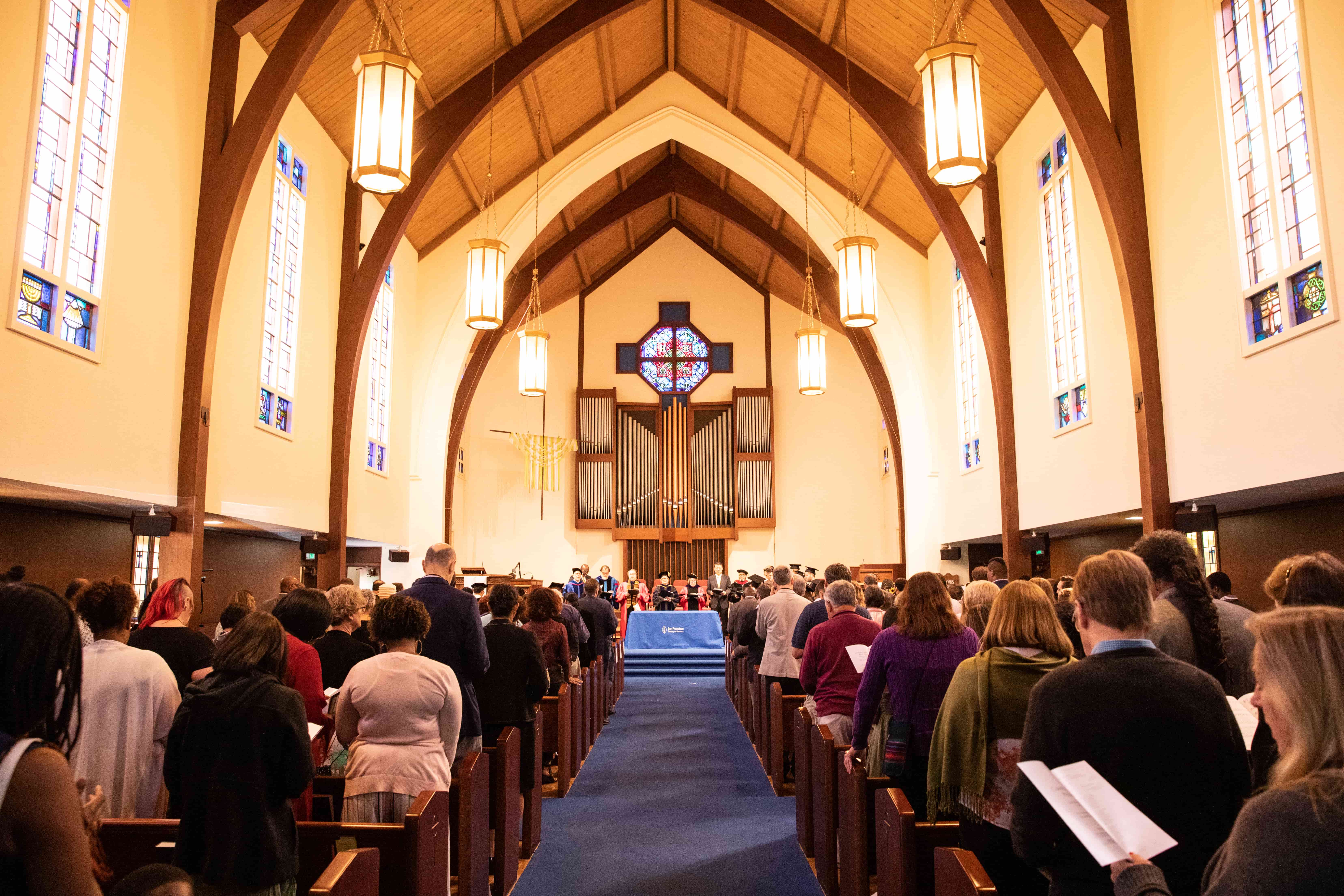 a group of people in a church