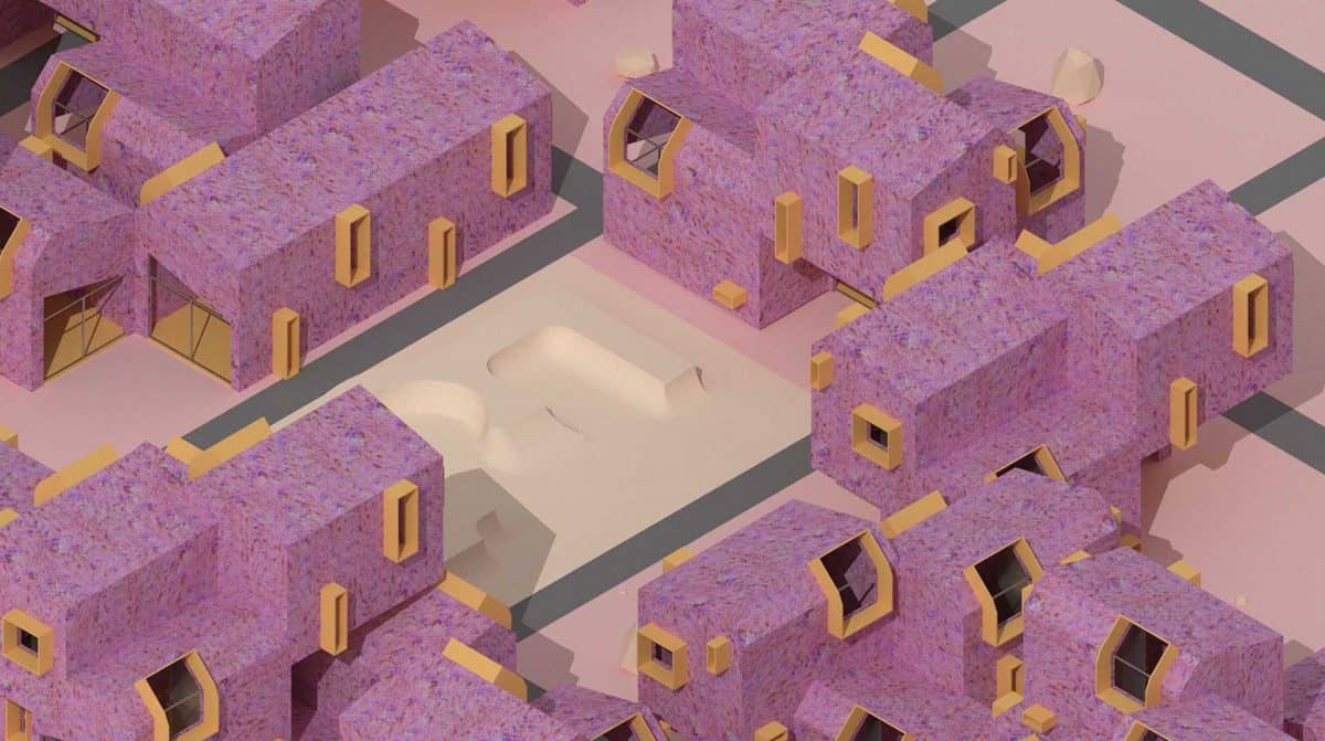 a pink and yellow building