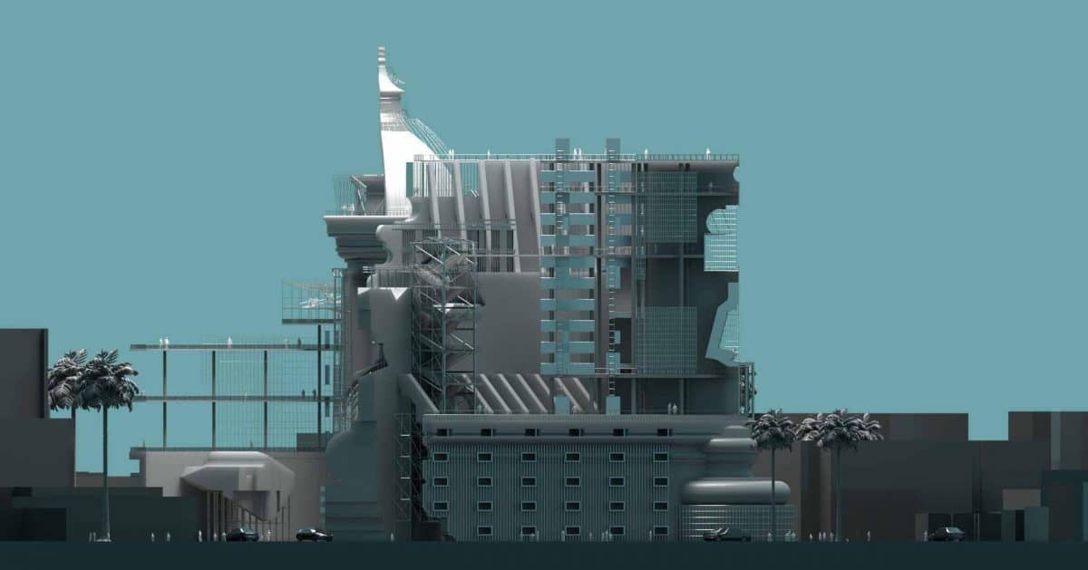 a building under construction with palm trees
