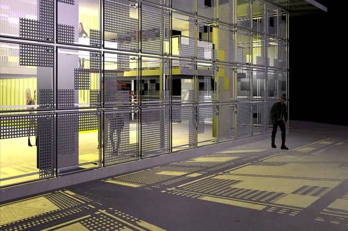 a person standing in front of a glass wall