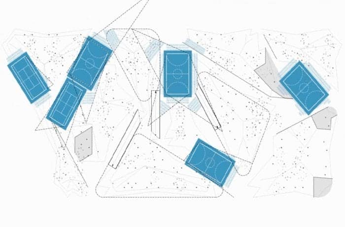 a blue and white drawing of a basketball court