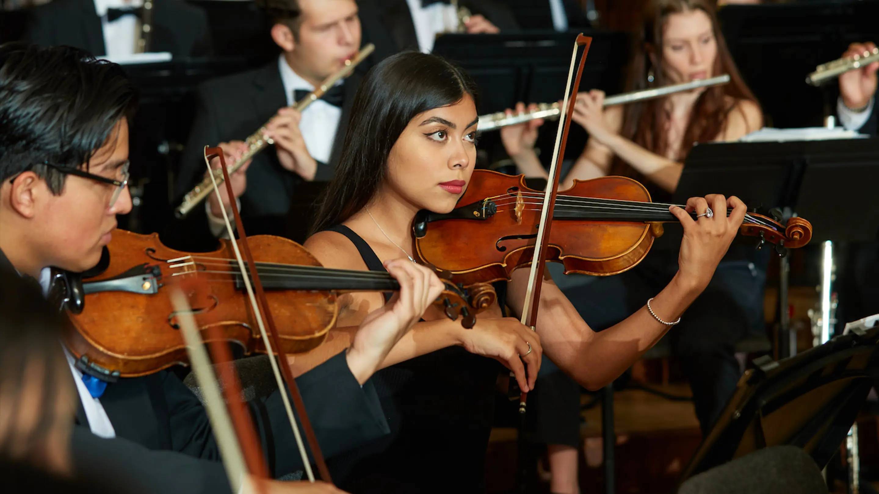 a group of people playing violins