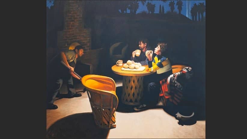 a painting of people sitting at a table