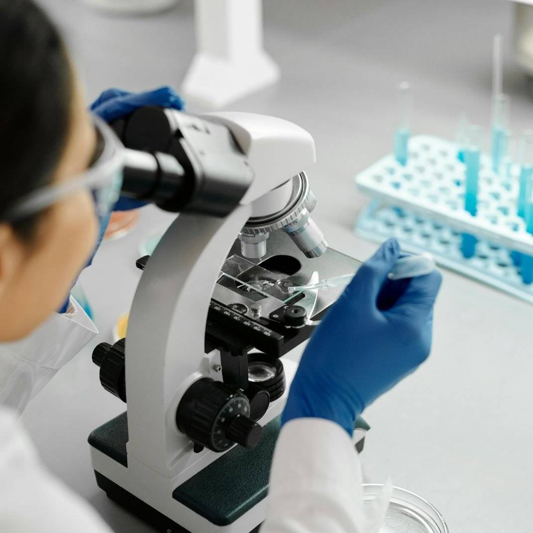 a person looking through a microscope