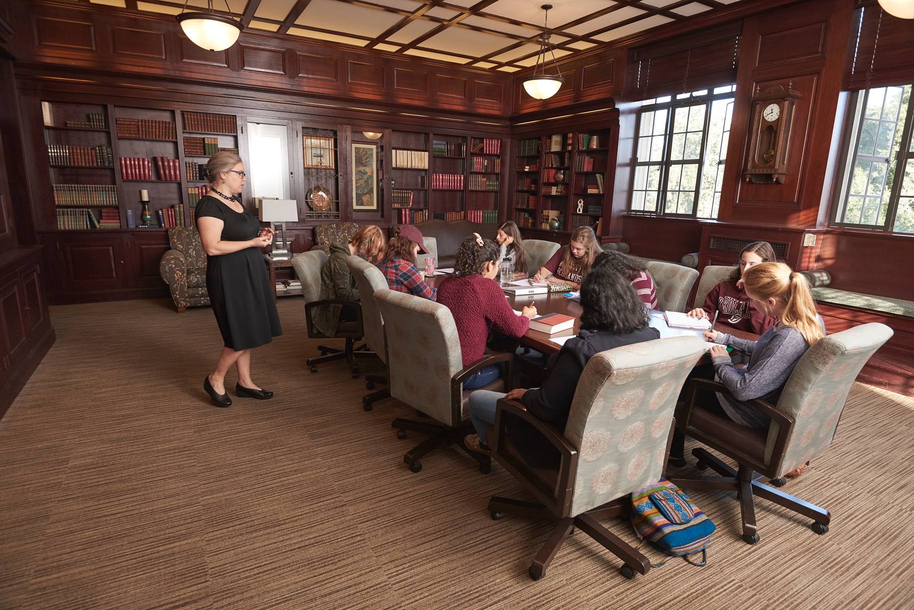 a group of people in a library