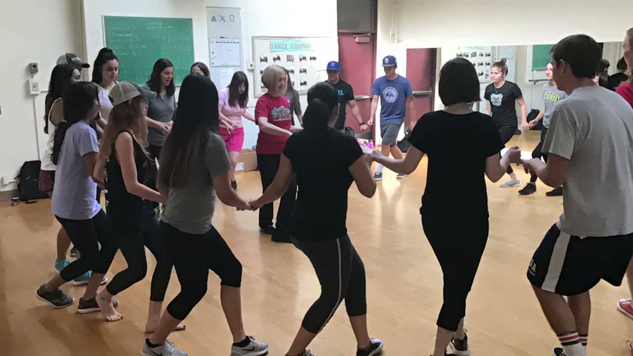 a group of people dancing in a room