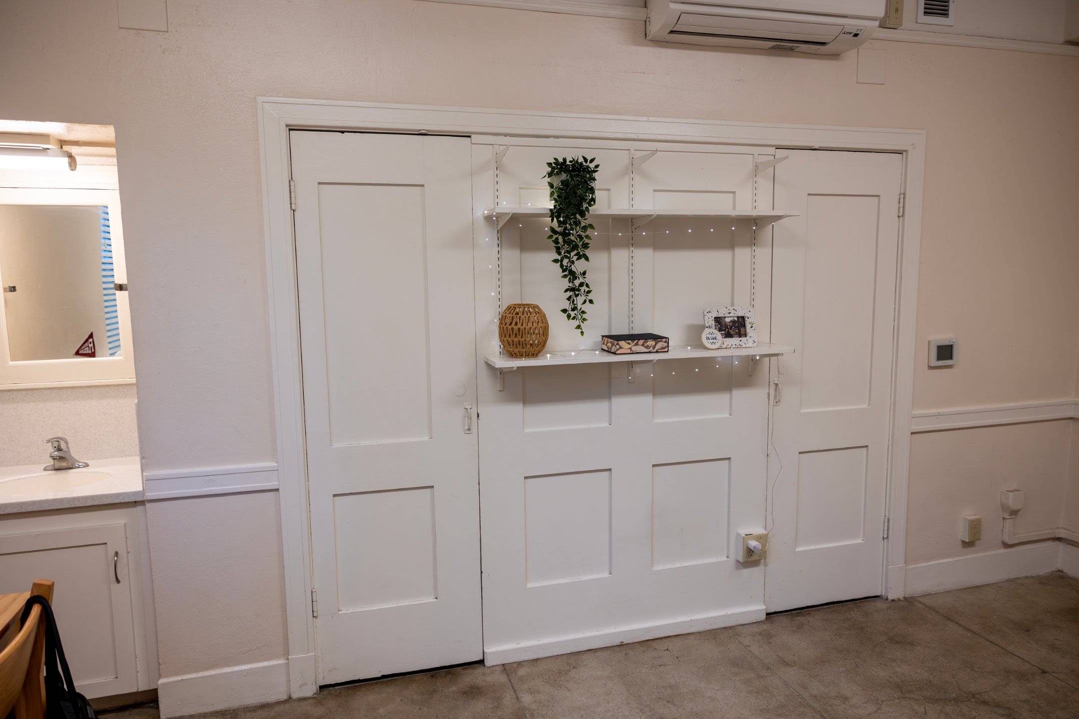 a white shelf with a plant on it