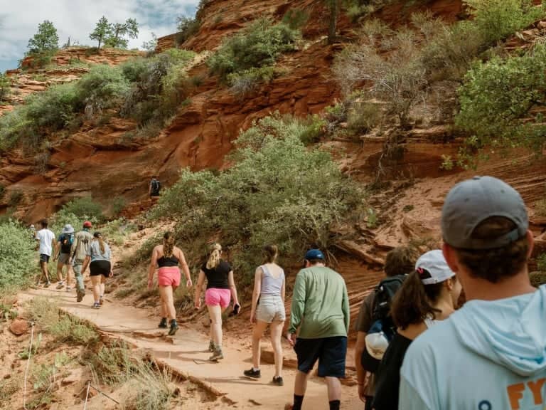 a group of people walking on a trail
