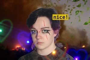 a person with black hair and red lines on their face