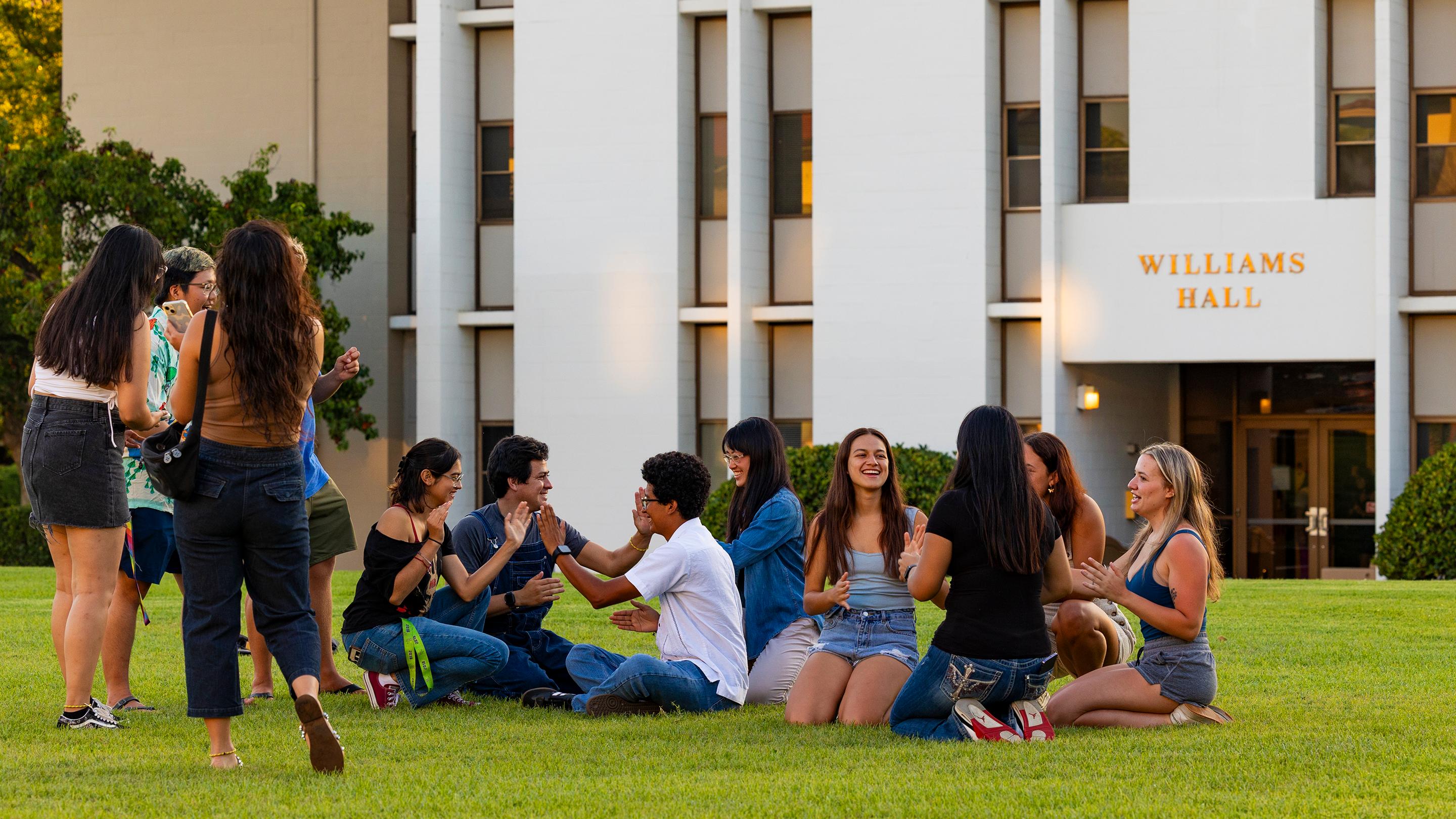 a group of people sitting on the grass