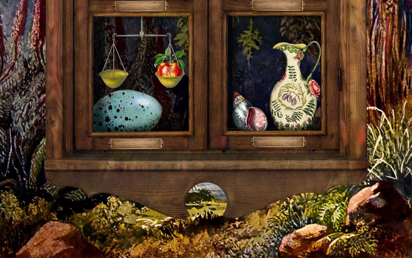 a painting of a vase and egg in a cabinet