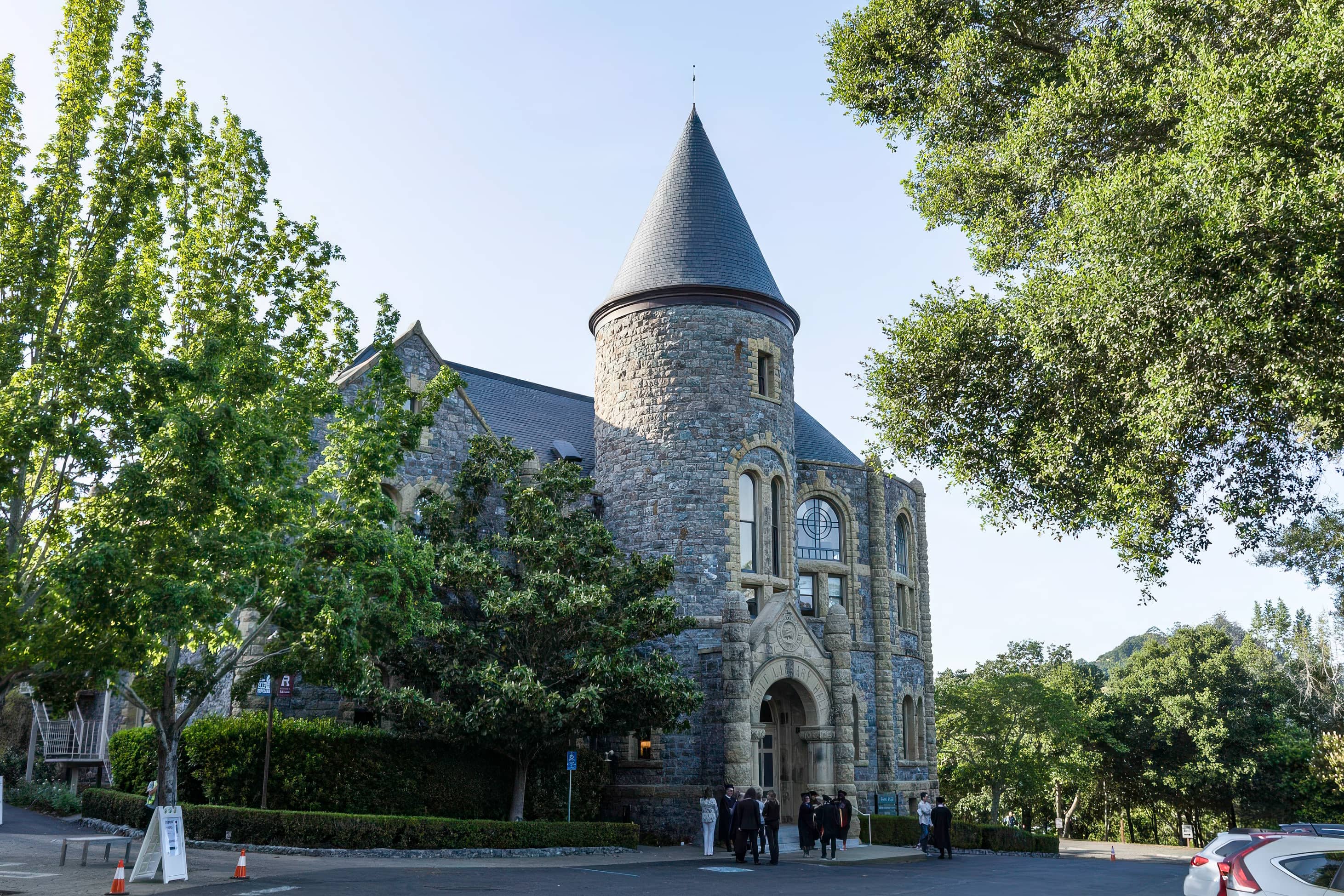 People outside the Marin campus building.